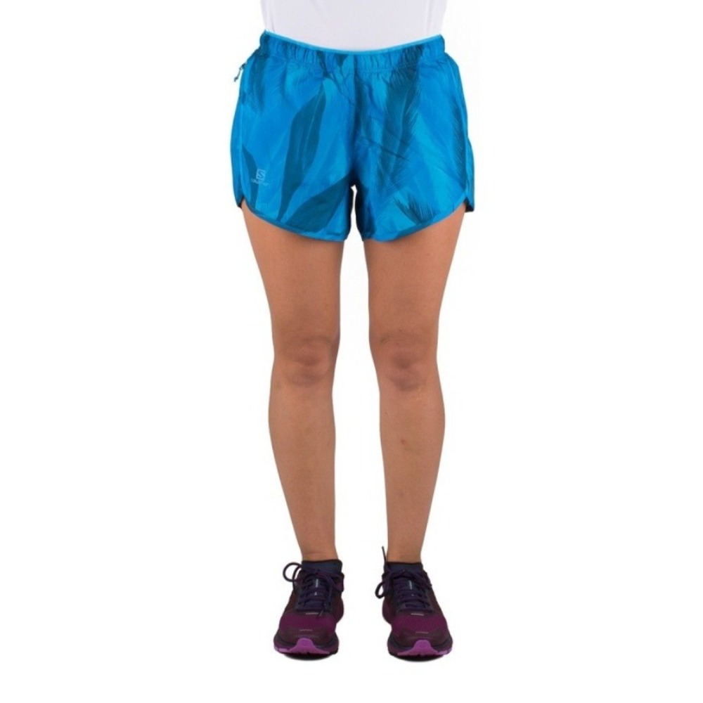 Salomon Women's Blue Tropical Palm Print Zip Pocket‎ Agile Running Shorts Size M